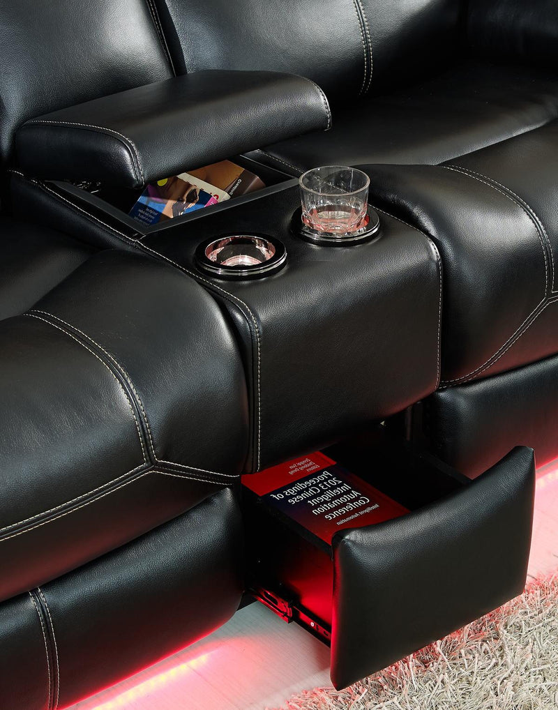 New Classic Flynn Power Console Loveseat (Lights) in Premier Black - Sims Furniture