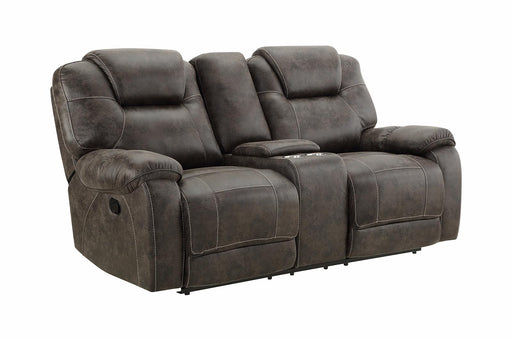 New Classic Furniture Anton Dual Recliner Console Loveseat with Power Footrest in Chocolate - Sims Furniture
