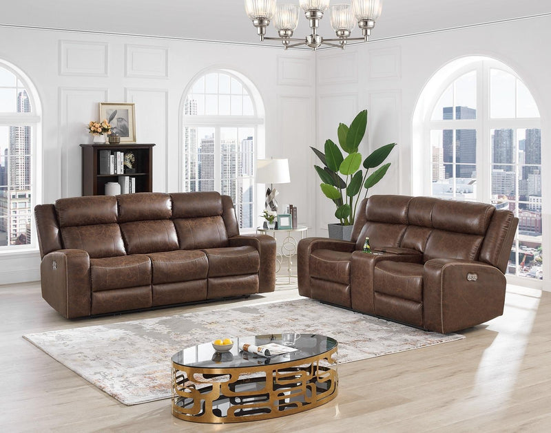 New Classic Furniture Atticus Dual Recliner Sofa with Power Footrest in Mocha - Sims Furniture