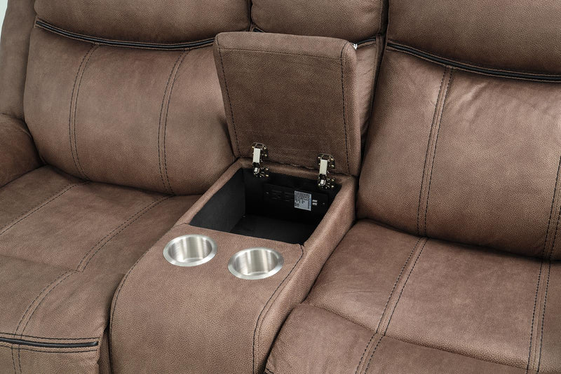 New Classic Furniture Harley Glider Console Loveseat with Dual Recliners in Light Brown - Sims Furniture