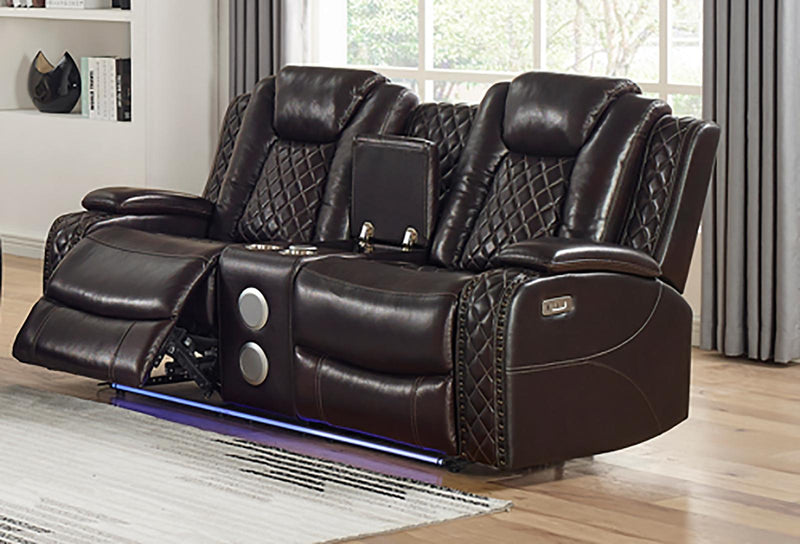 New Classic Furniture Joshua Console Loveseat with Power Headrest and Footrest in Dark Brown - Sims Furniture