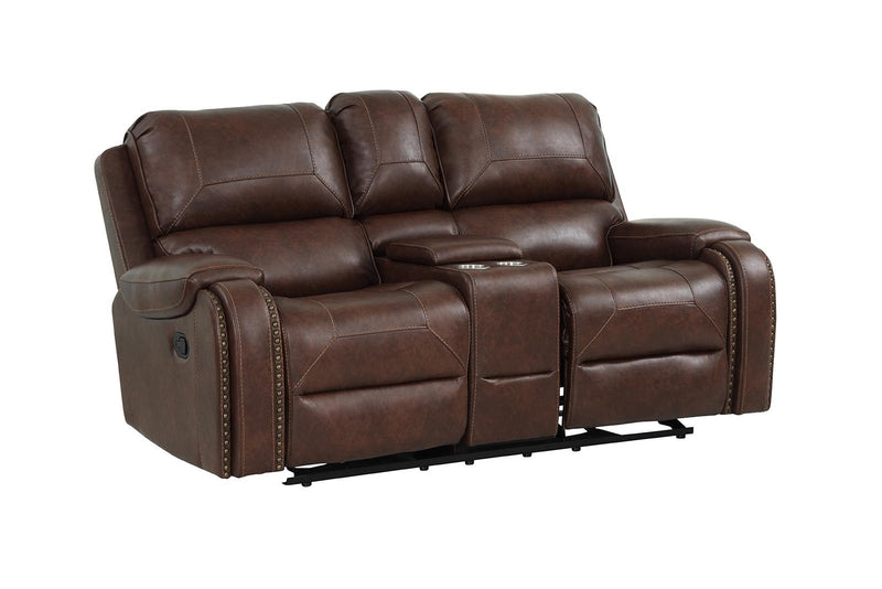 New Classic Furniture Taos Dual Recliner Glider Console Loveseat in Caramel - Sims Furniture