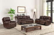 New Classic Furniture Taos Dual Recliner Glider Console Loveseat in Caramel - Sims Furniture