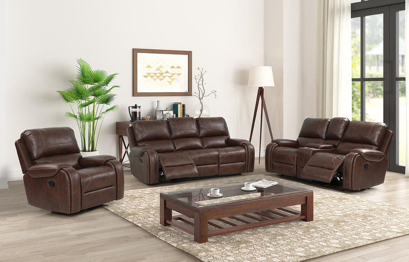 New Classic Furniture Taos Dual Recliner Glider Console Loveseat in Caramel - Sims Furniture