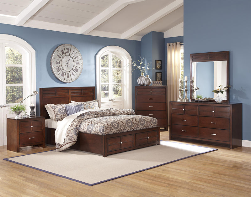 New Classic Kensington King Low Profile Bed with Storage Footboard in Burnished Cherry - Sims Furniture